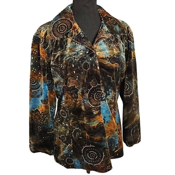 Vintage CHICO'S Womens Velvet Jacket With Mandala Print & Button Closure Size M - Picture 1 of 8